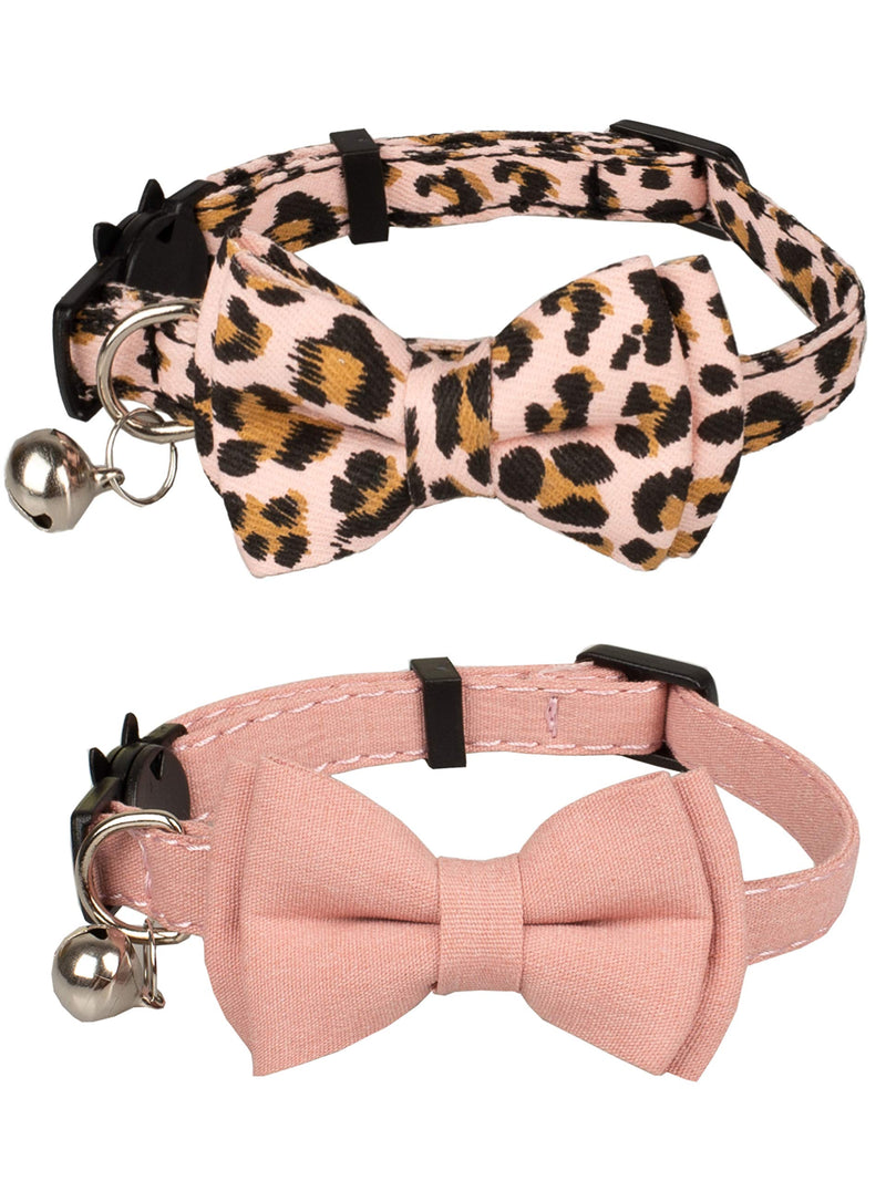 Gyapet Collar for Cats Pets Breakaway with Bell Bowtie Floral Bow Detachable Adjustable Safety Puppy 2pcs Leopard & Pure-Pink - BeesActive Australia