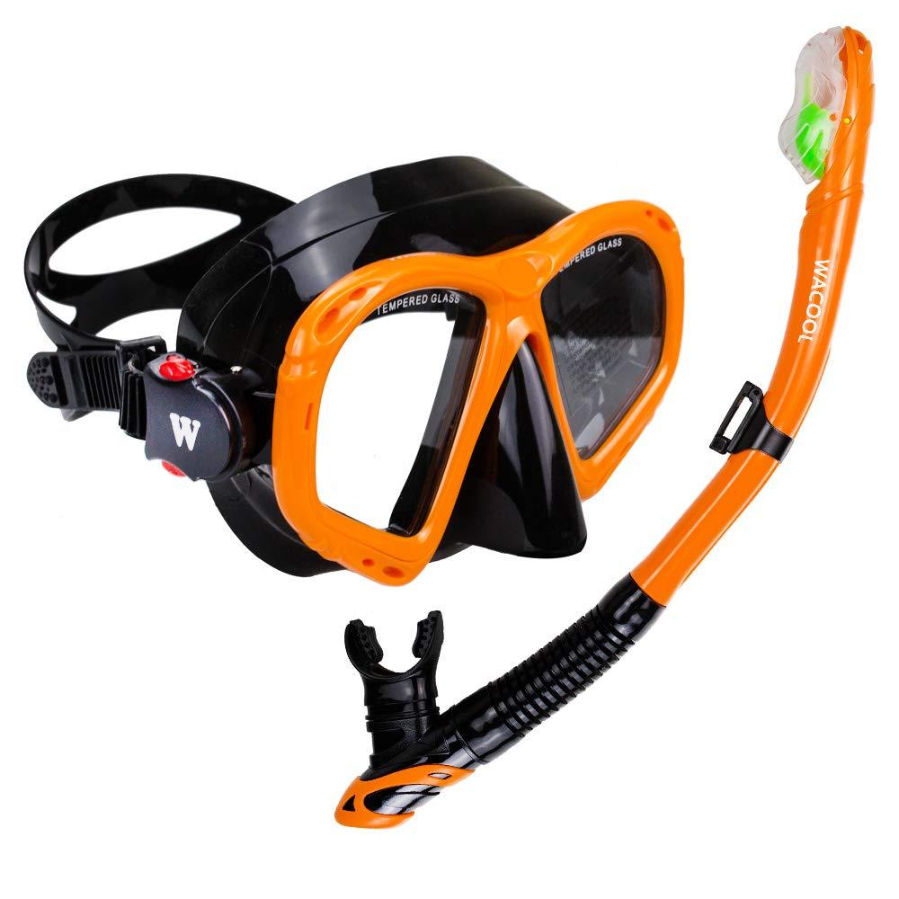 [AUSTRALIA] - WACOOL Snorkeling Package Set for Adults, Anti-Fog Coated Glass Diving Mask, Snorkel with Silicon Mouth Piece,Purge Valve and Anti-Splash Guard Orange 