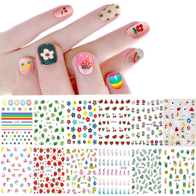 Nail Stickers for Women and Little Girls - 12 Sheets 3D Self-Adhesive DIY Nail Art Decoration Set Including Flowers Leaves Animals Plants Fruits Nail Decals for Woman Kids Girls 12 Pack - BeesActive Australia