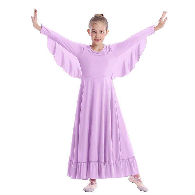[AUSTRALIA] - Girls Angel Isis Wings Worship Liturgical Praise Dance Dress Loose Fit Full Length Long Ruffle Tunic Dancewear Ballet Gown 13-14 Years Lilac Purple 