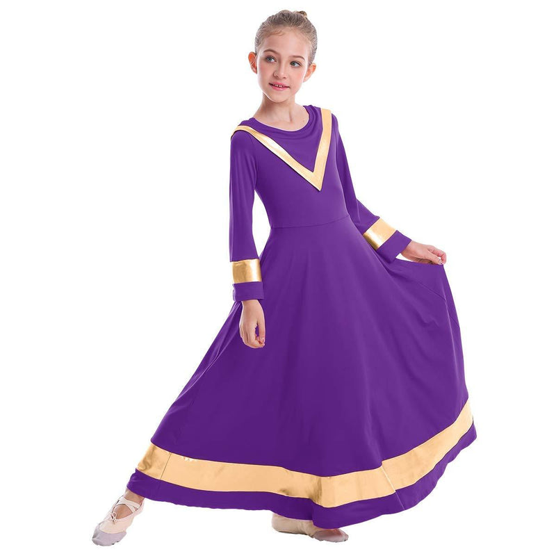[AUSTRALIA] - IBAKOM Kids Girls V-Neck Worship Robe Liturgical Praise Dance Dress Metallic Loose Fit Full Length Dancewear Tunic Costume 7-8 Years Deep Purple-gold 