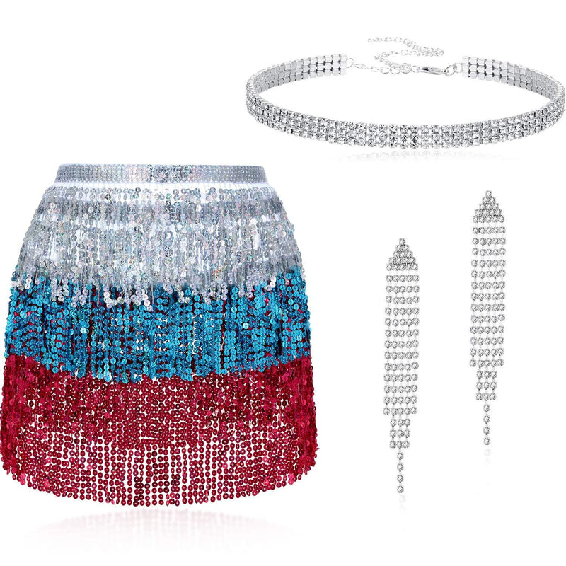 [AUSTRALIA] - Women's Belly Dance Boho Sequin Tassel Skirt Hip Scarf Festival Performance Outfits with Rhinestone Earring and Choker (Silver/Blue/Rose Red) 