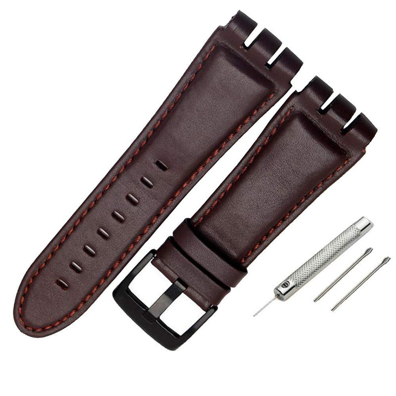 Choco&Man US Swatch Cow Leather Stainless Steel Buckle Watch Band Strap with Tool Watch Width 23mm Replacement for Men's Swatch Irony YOS440 449 448 401G Brown(black) - BeesActive Australia