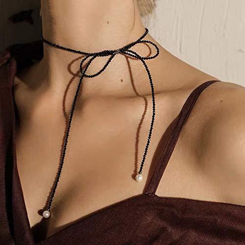 Kercisbeauty Black Rice Beads Choker Bow Necklace with Pearl for Women and Girls Statement Jewelry - BeesActive Australia