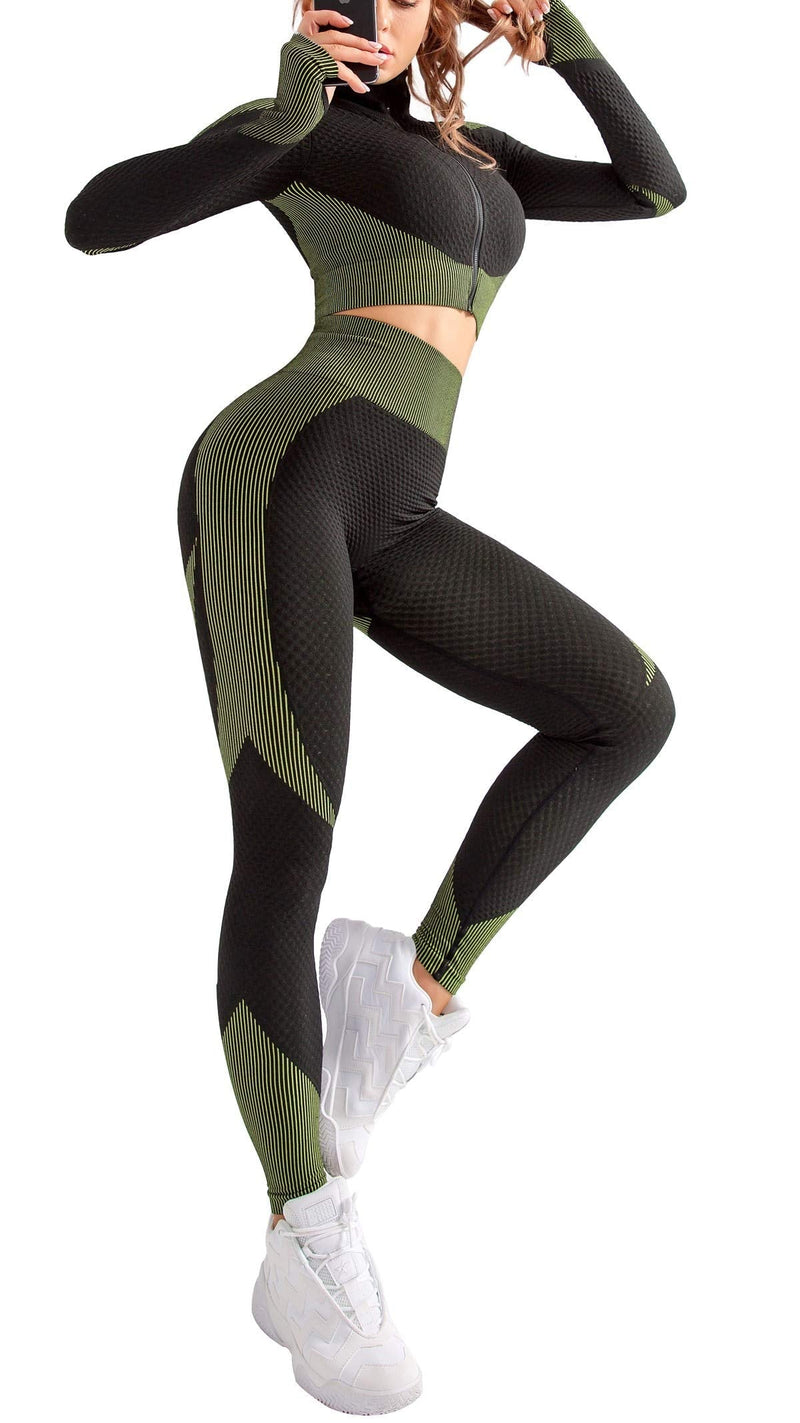 OLCHEE Women's 2 Piece Tracksuit Workout Set - High Waist Leggings and Crop Top Jacket and Leggings: Black - Green Large - BeesActive Australia
