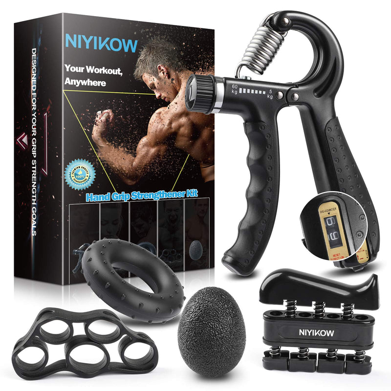 NIYIKOW Grip Strength Trainer Kit with Counter (5 Pack), Counting Grip Strength, Adjustable Hand Grip Strengthener, Finger Trainer, Finger Stretcher, Grip Ring & Stress Relief Grip Ball with Carry Bag Black - BeesActive Australia