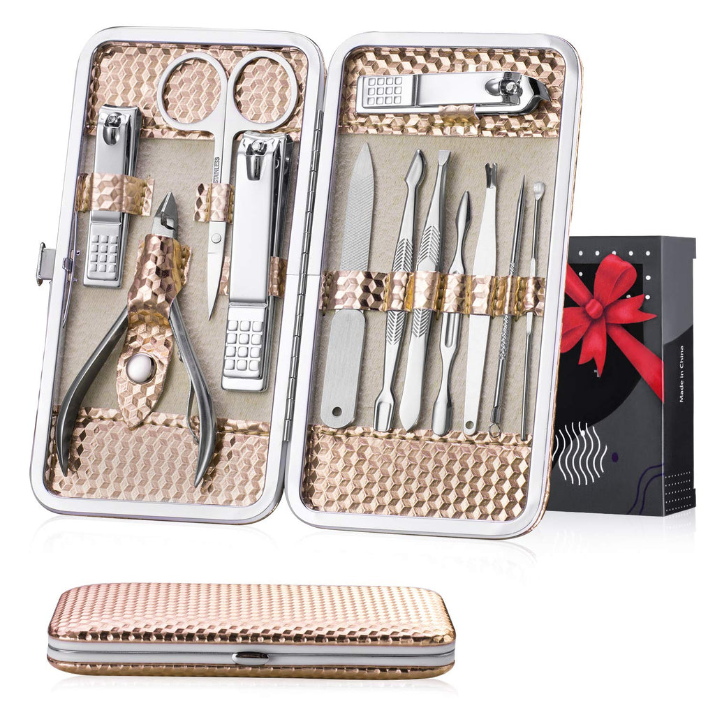 12pc Womens Manicure Kit in Deluxe Rose Gold Leather Travel Case. Steel Clippers, Trimmers, Tweezers for Beautiful Nails, Pedicure. Compact 6x3" (Rose Gold) - BeesActive Australia