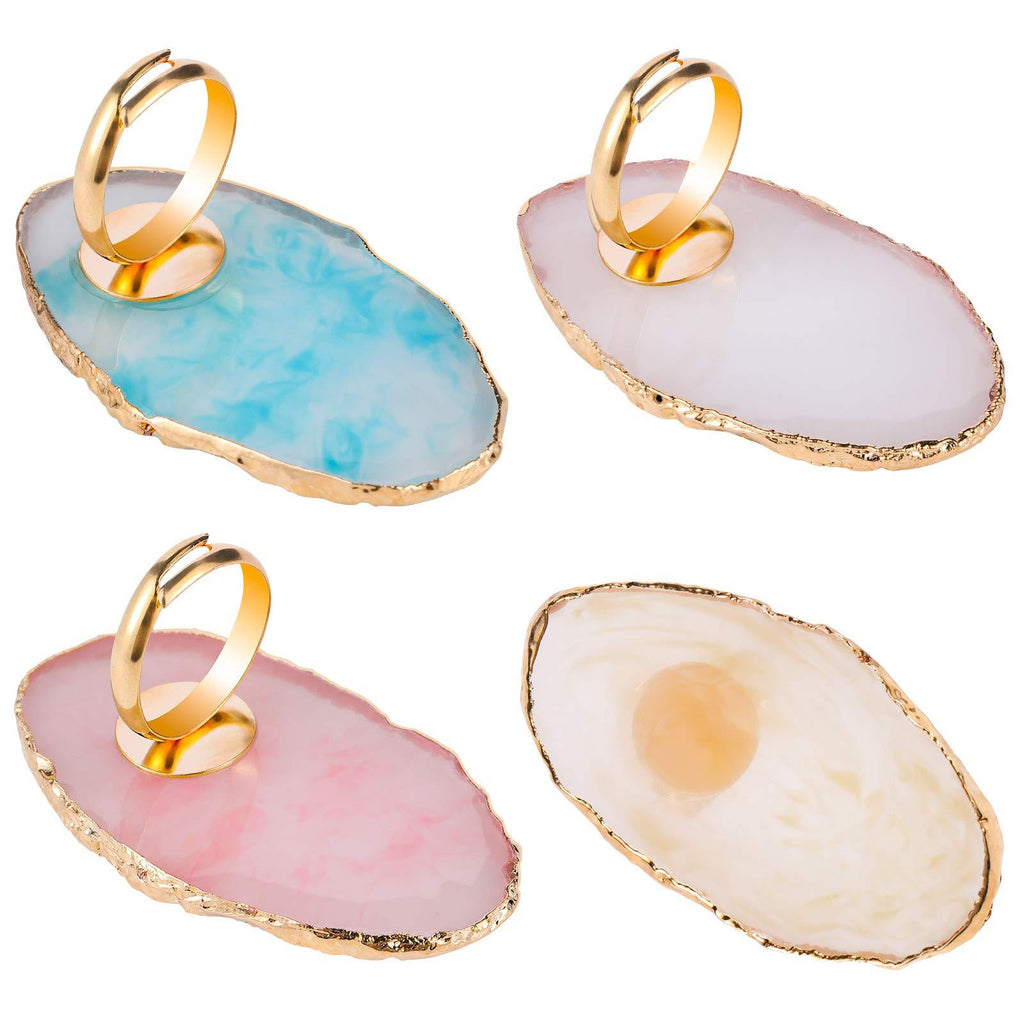 ORYOUGO Set of 4 Colorful Resin Marble Nail Art Palette Ring Gel Polish Mixing Tray DIY Color Plate with Adjustable Finger Rings - BeesActive Australia