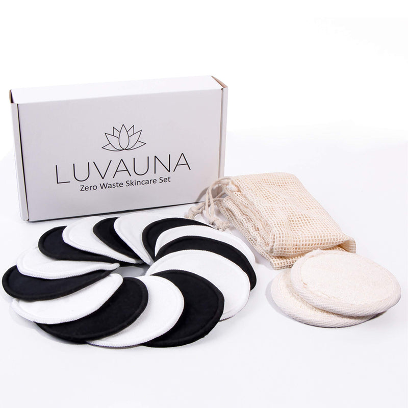 LUVAUNA Reusable Makeup Remover Pads (7pc. Black, 7pc. White) with Natural Loofah Facial Pads (2pc.), and XL Laundry Bag, Soft and Plush, All Skin Types, Eco-Friendly - BeesActive Australia