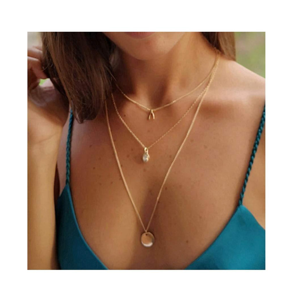 Edary Multi Layer Necklace Wishing Bone Pendant Sequin Necklaces Chain Jewelry for Women and Girls. - BeesActive Australia