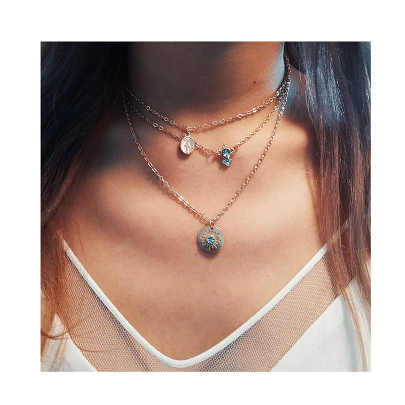 Edary Boho Multi Layer Necklace Jesus Pendant Sun Necklaces Crystal Jewelry for Women and Girls. - BeesActive Australia