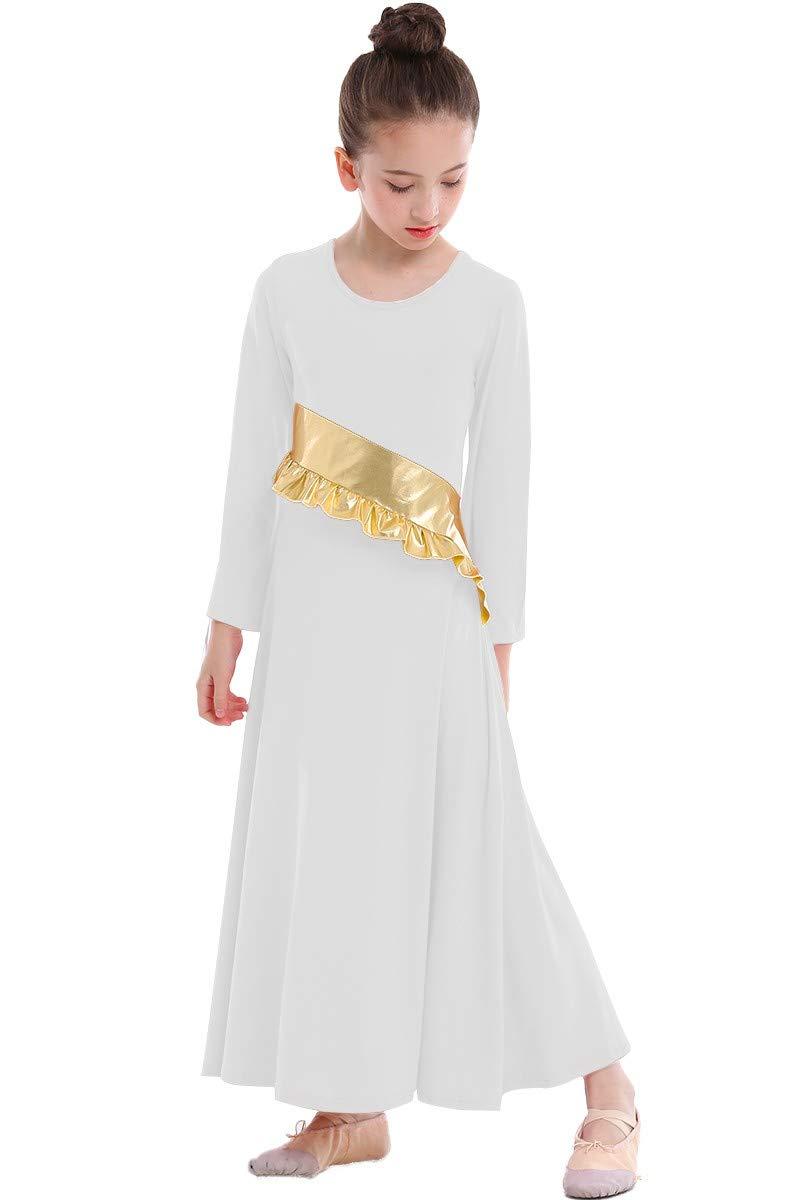 [AUSTRALIA] - MYRISAM Girls Metallic Gold Liturgical Praise Worship Long Sleeve Dress Full Length Loose Fit Ruffle Pleated Dancewear White 14-15 Years 