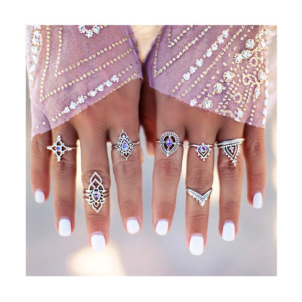 Edary Boho Rings Set Silver Joint Knuckle Rings Crystal Ring for Women and Girls.(7PCS) - BeesActive Australia