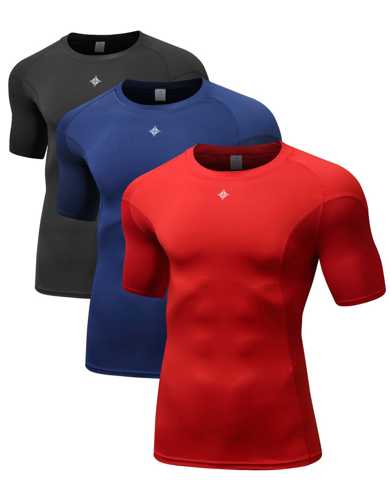 Milin Naco Men's Short Sleeve Compression T-Shirt, Cool Dry Baselayer Tops, Pack of 3 Black/Navy/Red Large - BeesActive Australia