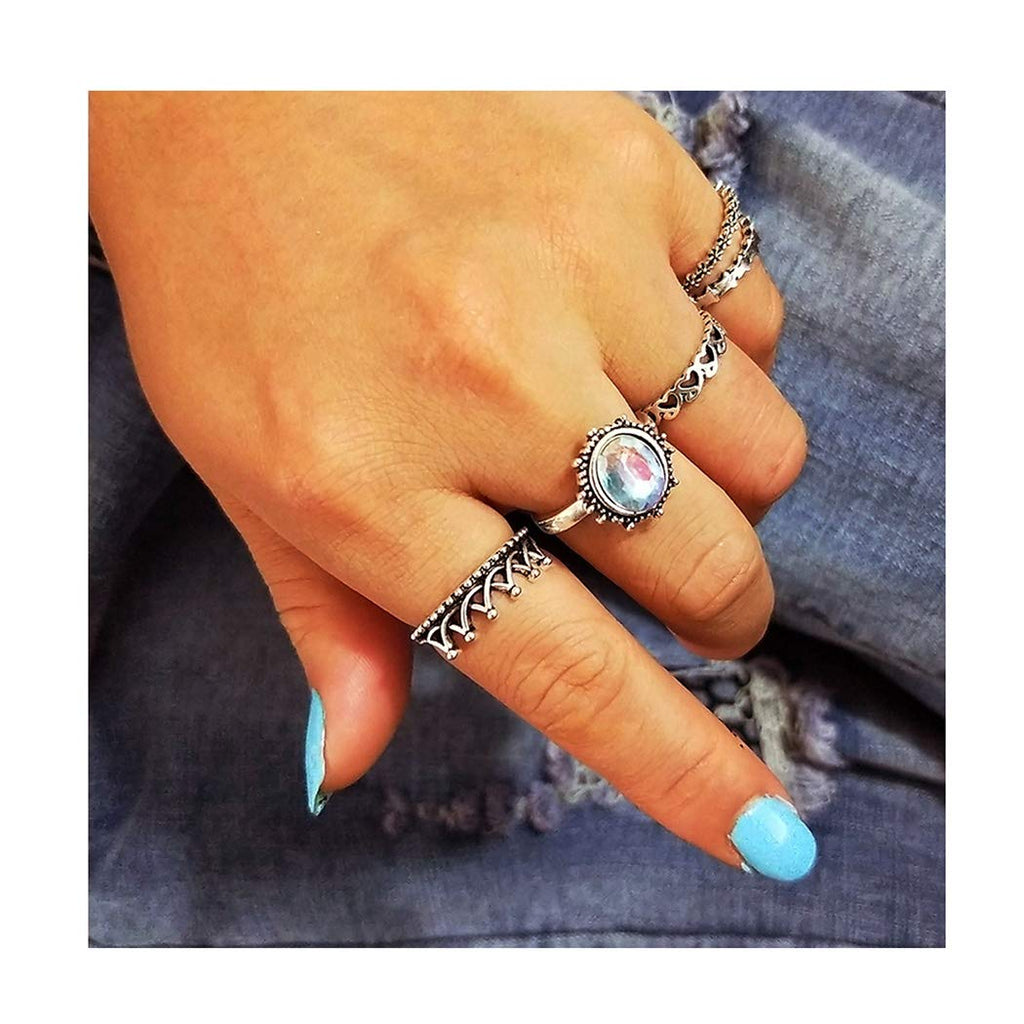 Edary Boho Gemstone Rings Crown Ring Silver Joint Knuckle Rings Set for Women and Girls.(5PCS) - BeesActive Australia