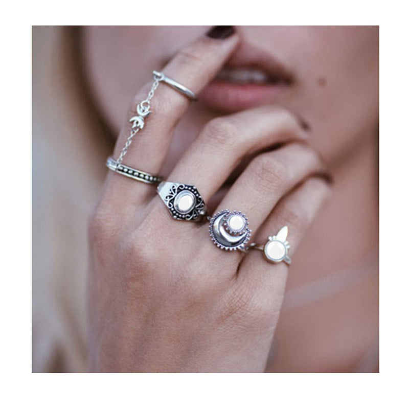 Edary Vintage Moon Rings Silver Joint Knuckle Rings Set Gemstone Ring for Women and Girls.(5PCS) - BeesActive Australia