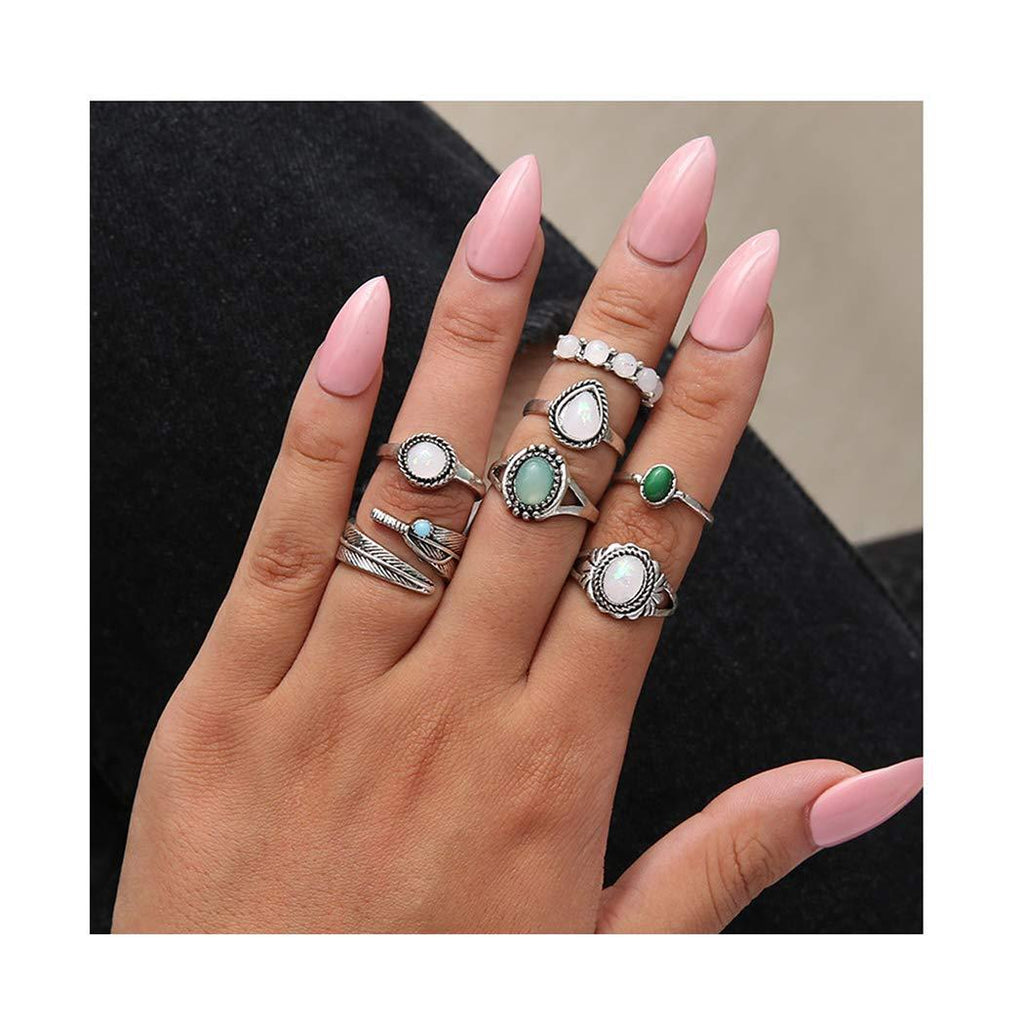 Edary Boho Gemstone Rings Set Leaf Ring Silver Joint Knuckle Rings for Women and Girls.(7PCS) - BeesActive Australia