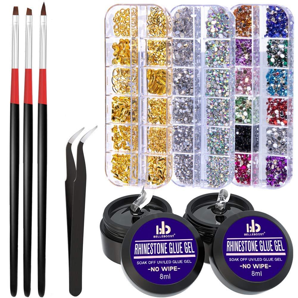 Nail Art 8ml×2 NO WIPE Rhinestone Glue Gel Kit(LED Light Cure Needed) Adhesive Resin Gem Stone Jewelry Beads Diamond Gel Nail Polish Clear Decoration With Nail Rhinestones(Crystal+Acrylic+Rivet)+tools - BeesActive Australia