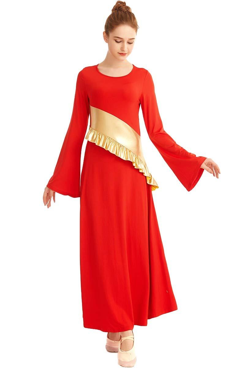 [AUSTRALIA] - MYRISAM Women Metallic Gold Liturgical Praise Worship Long Sleeve Dress Full Length Loose Fit Ruffle Pleated Dancewear Red Medium 