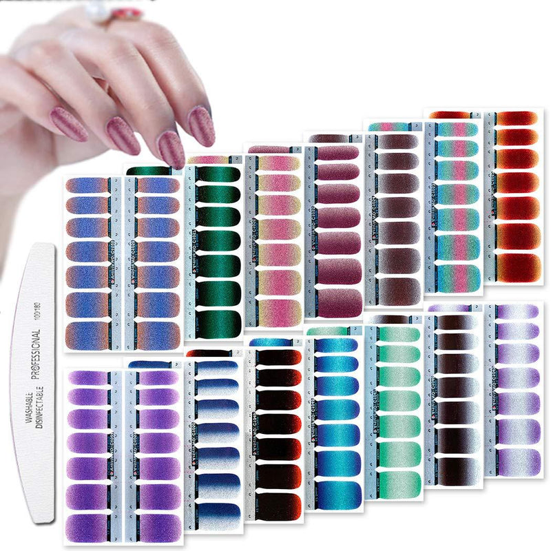 WOKOTO 14 Sheets Solid Color Adhesive Nail Art Polish Stickers Strips Set with 1Pc Gradient Nail File Manicure Wraps Decals Tips for Women KIT3 - BeesActive Australia