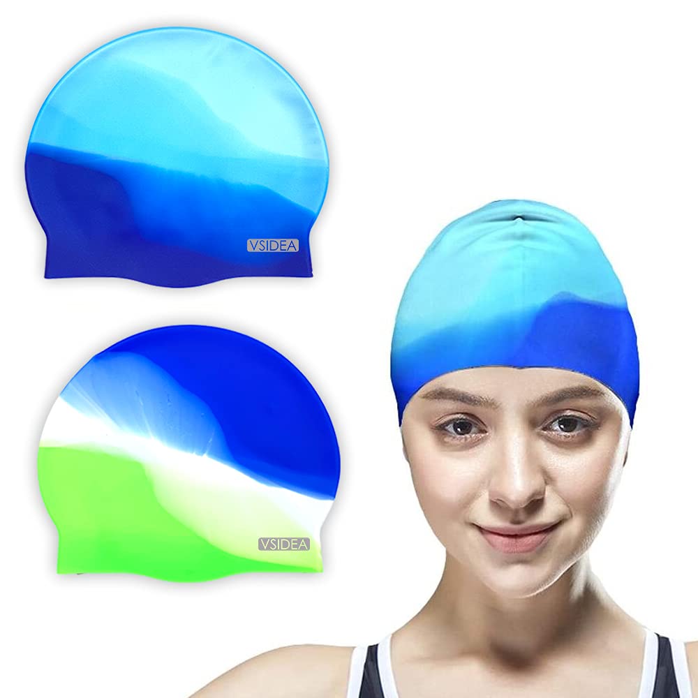 Vsidea Silicone Swim Caps, 2 Pack Durable Comfortable Adult Swimming Cap Elastomeric for Women Man Short Hair Long Hair Green+Blue - BeesActive Australia