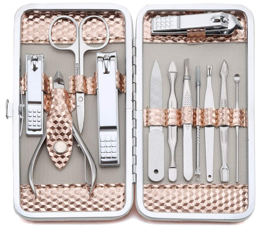 12 in 1 Professional Stainless Steel Manicure Set 12pcs Nail Care kit with Travel Case(Rose Gold) - BeesActive Australia