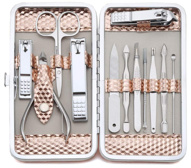 12 in 1 Professional Stainless Steel Manicure Set 12pcs Nail Care kit with Travel Case(Rose Gold) - BeesActive Australia