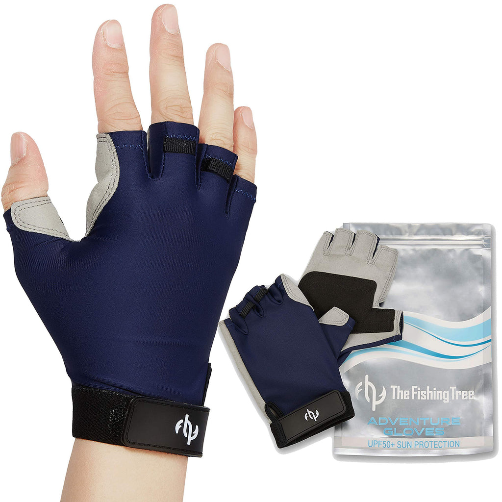 [AUSTRALIA] - The Fishing Tree Fingerless Fishing Gloves, Certified Sun Protection UPF50+ Block, Kayak, Hiking, Paddling, Sailing, Rowing, Driving, Protect Hands from Sun Damage, Chemical Free Adventure Navy Small 