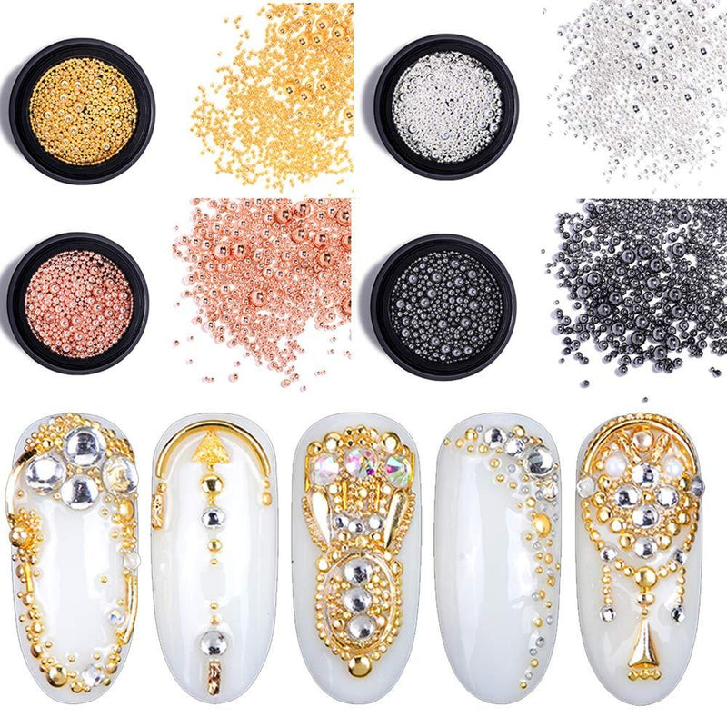4 Boxes Nail Art Micro Caviar Beads Decoration Accessories Design 3D Nails Metal Charm Supply Nail Art Studs Jewels Glitter for Women -Gold Silver Black Rose Gold Design - BeesActive Australia