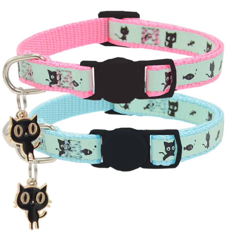 Barleygoo 2 Pack Glow in The Dark Cat Collar with Bell Breakaway Safety Cat Puppy Collars with Pendant Light Blue & Pink - BeesActive Australia