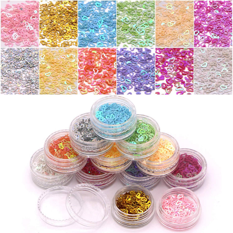 Nail Glitter 12 Boxes Nail Art Flakes Hexagon Confetti Festival Glitter Colorful Chunky Glitters for Hair Face and Eye Make Up Foil Flakes (12Colors,Hollow Heart) - BeesActive Australia