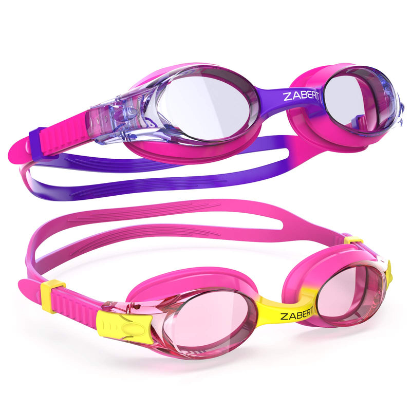 ZABERT K20 Swimming Goggles for Kids Girls Boys Age 3-14 Years Old, Anti-fog 100% UV Protection with Travel Bag #2.[2pack] Pink Yellow & Pink Purple - BeesActive Australia