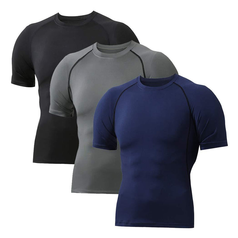 Boyufitness Men's 3 Pack Cool Dry Workout Shirts Compression Fitness Short Sleeve Sports Base Layer T-Shirt Black,grey,blue XX-Large - BeesActive Australia