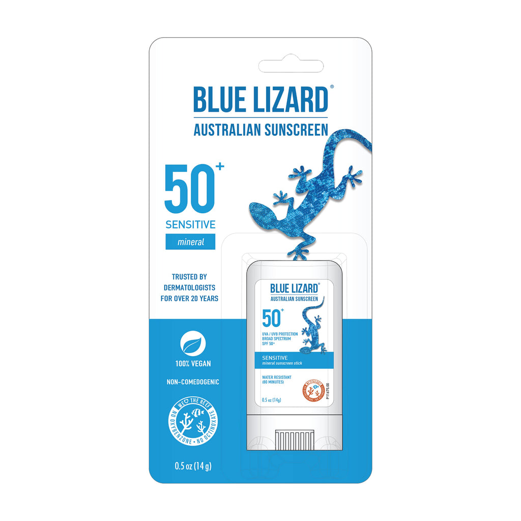 BLUE LIZARD Sensitive Mineral Sunscreen Stick with Zinc Oxide, SPF 50+, Water Resistant, UVAUVB Protection Easy to Apply, Fragrance Free, Sensitve, Unscented, 0.5 Ounce - BeesActive Australia