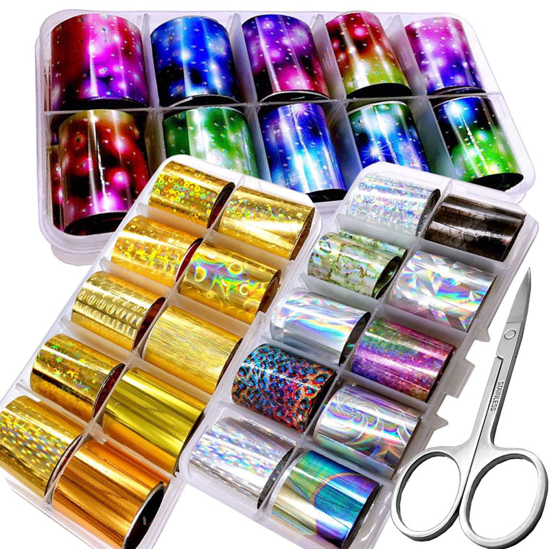 30 Rolls Holographic Transfer Nail Foil Glitter Starry Sky Nail Foils Wraps Metallic Gold Silver Laser Transfer Nail Decals Nail Foil Paper,1 Stainless Steel Curved Scissors (Holographic Starry) Holographic Starry - BeesActive Australia