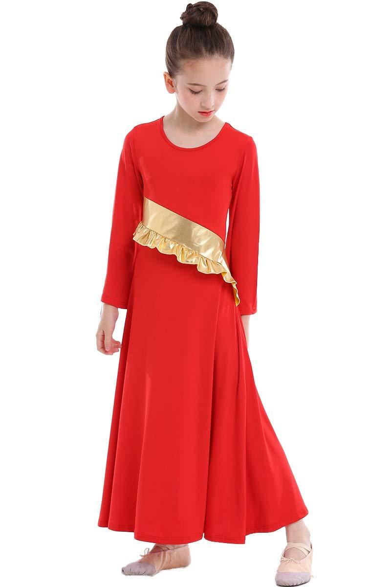 [AUSTRALIA] - IZKIZF Girls Liturgical Bi Color Lyrical Dress Bell Sleeve Loose Fit Asymmetrical Waistline Ruffle Worship Costume 8-9 Years Red 