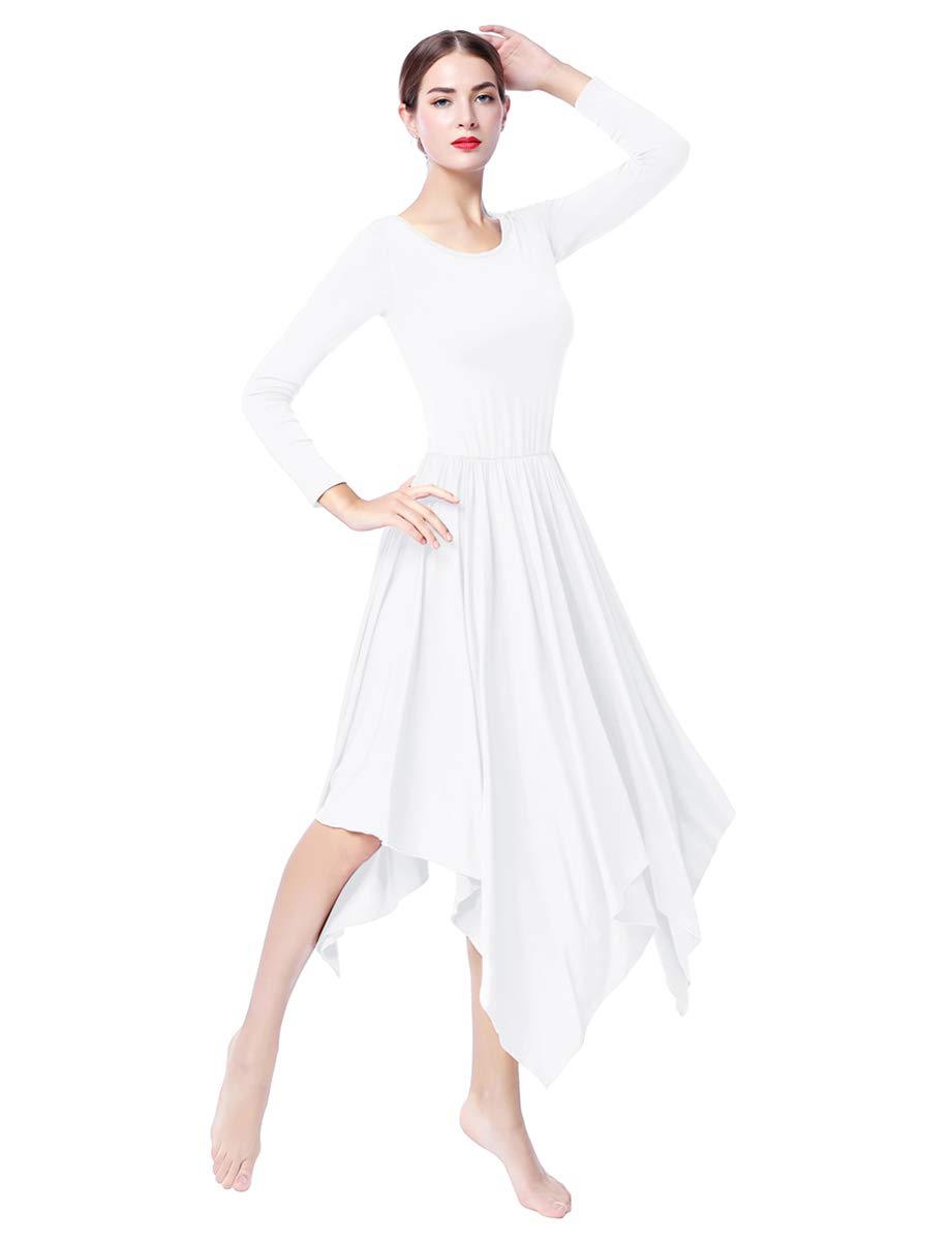 [AUSTRALIA] - ZX Women Long Sleeve Lyrical Dance Dress Worship Praise Liturgical Dancewear Ballet Ballroom Dance Costume 04a White Medium 