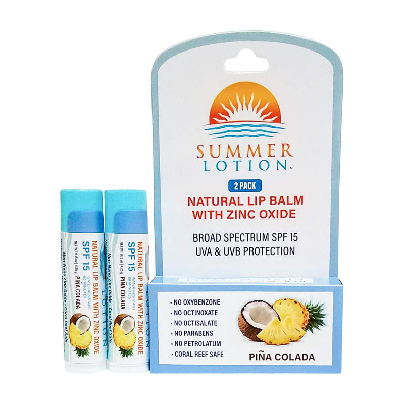 Natural Lip Balm with Zinc Oxide Sunblock by Summer Lotion, SPF 15 Lip Sunscreen 2-Pack, Water Resistant Chapstick, SPF Lip Protection for Everyone, (Pina Colada) Pina Colada - BeesActive Australia