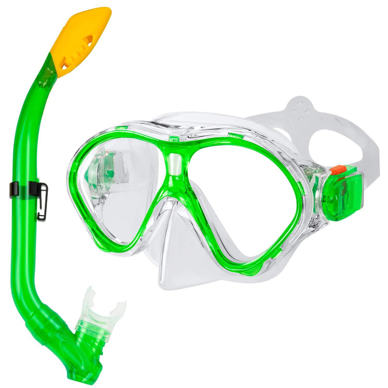 [AUSTRALIA] - Gintenco Kids Snorkel Set, Dry Top Snorkel Mask Anti-Leak for Youth Junior Child, Anti-Fog Snorkeling Gear Free Breathing,Tempered Glass Swimming Diving Scuba Goggles 180° Panoramic View Green 
