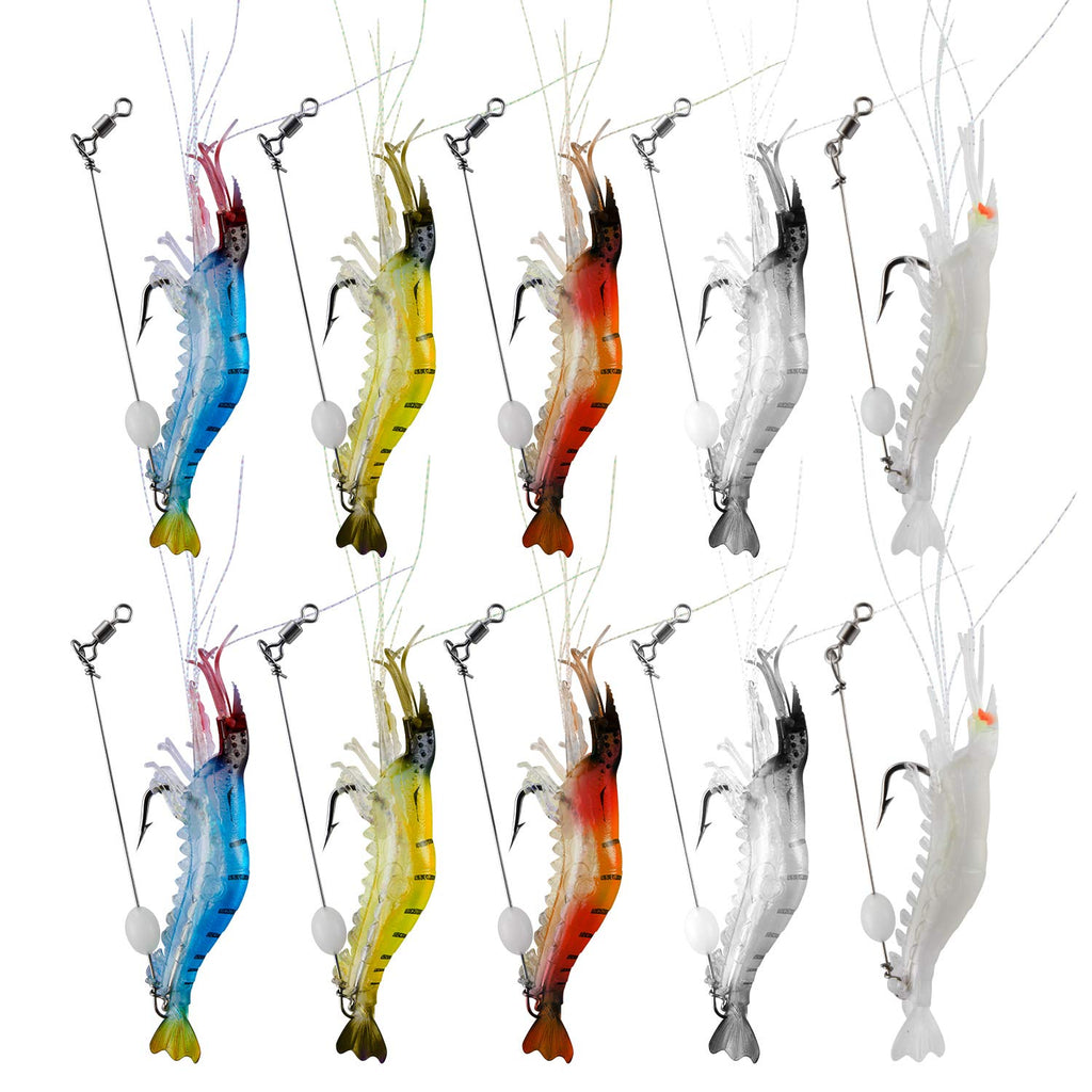 WANBY Fishing Shrimp Lures Luminous Silicone Soft Shrimp Lures Bait Set Kit Swimbait Fishing Lures with Hook Fishing Tackle for Freshwater Saltwater 10PCS - BeesActive Australia