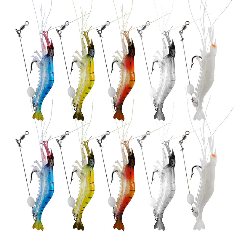 WANBY Fishing Shrimp Lures Luminous Silicone Soft Shrimp Lures Bait Set Kit Swimbait Fishing Lures with Hook Fishing Tackle for Freshwater Saltwater 10PCS - BeesActive Australia