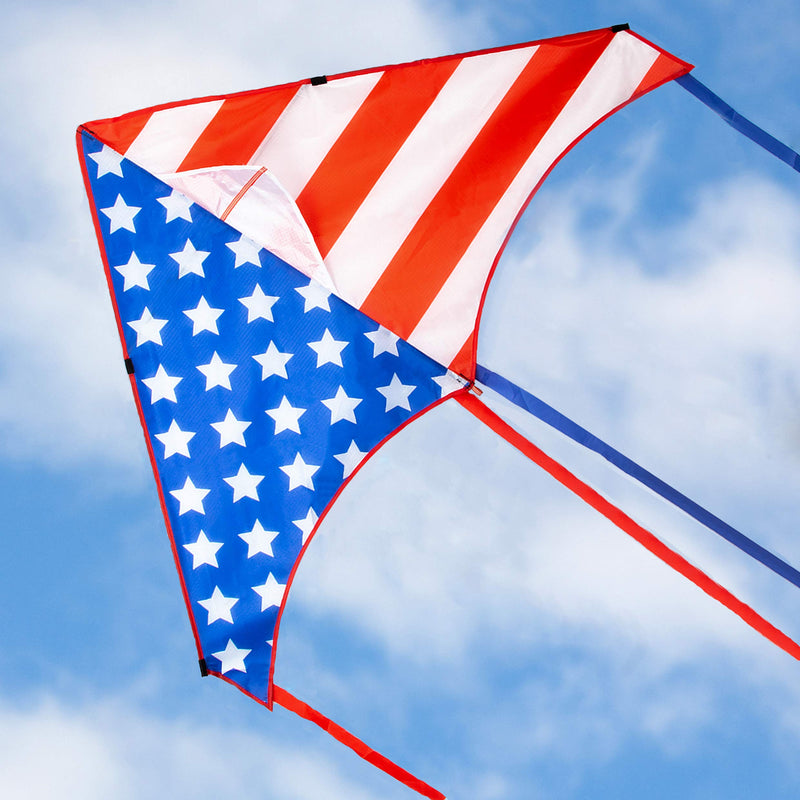JEKOSEN 50" Patriotic American Flag Large Delta Kite for Kids and Adults Single Line with 58" Tail String Easy to Fly for Beach Trip Park Family Outdoor Games and Activities Red/Blue/White - BeesActive Australia