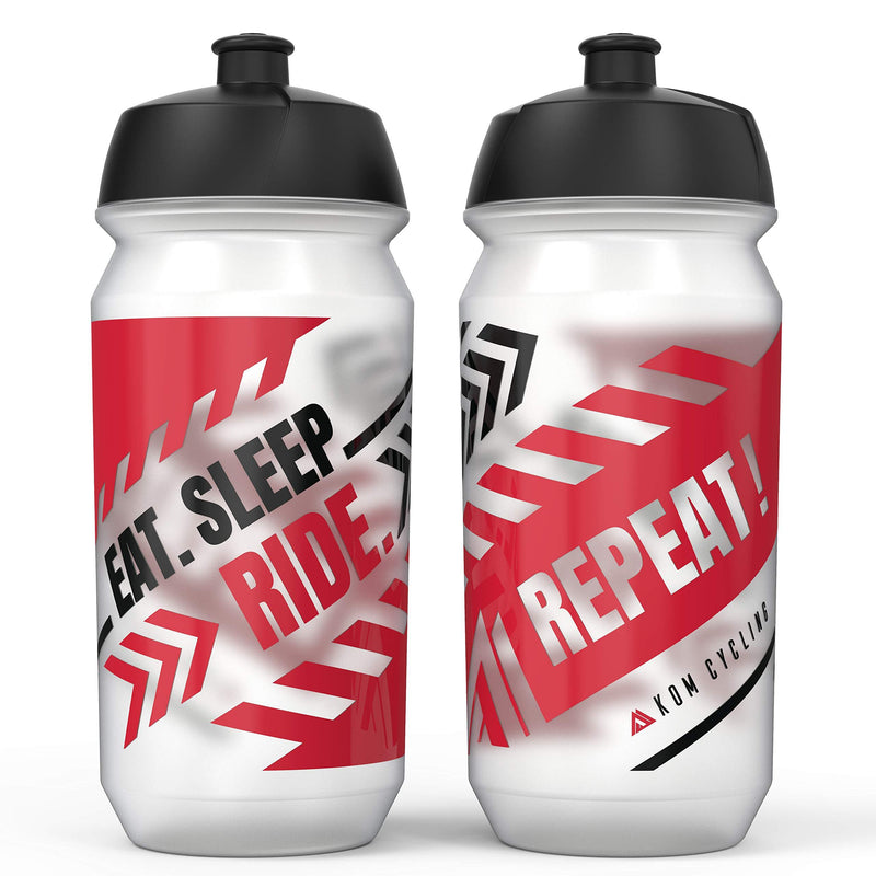 KOM Cycling Water Bottle 2 Pack. Cycling Water Bottle Set to Inspire. Includes 2 bike water bottles that fit most cages and bottle holders. BPA Free! Made in Europe 2 Bottles Eat. Sleep. Ride. Repeat! - BeesActive Australia
