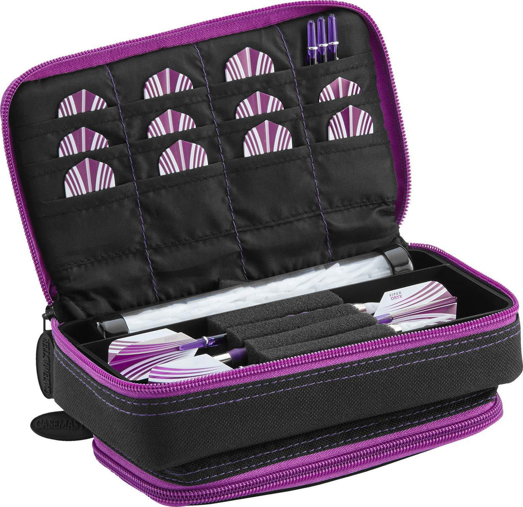 [AUSTRALIA] - Casemaster Plazma Plus, 3 Dart Case for Soft and Steel Tip Darts Features Large Front Mobile Device Pocket, Built-in Storage Tube and Pockets for Flights, Tips, Shafts, and Personal Items Amethyst Trim 