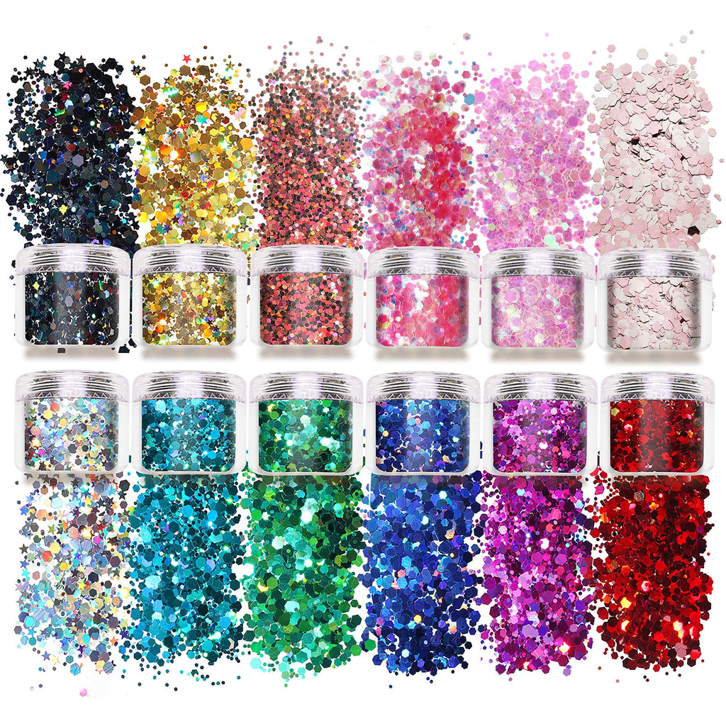 Laza 12 Color Glitter Body Art Acrylic Nails Powder Mixed Polish Chunky Sequins Iridescent Flakes Ultra-Thin Paillette Sparkles Set Tips 120g for Cosmetic Festival Arts Face Eyes Body Hair - Star - BeesActive Australia