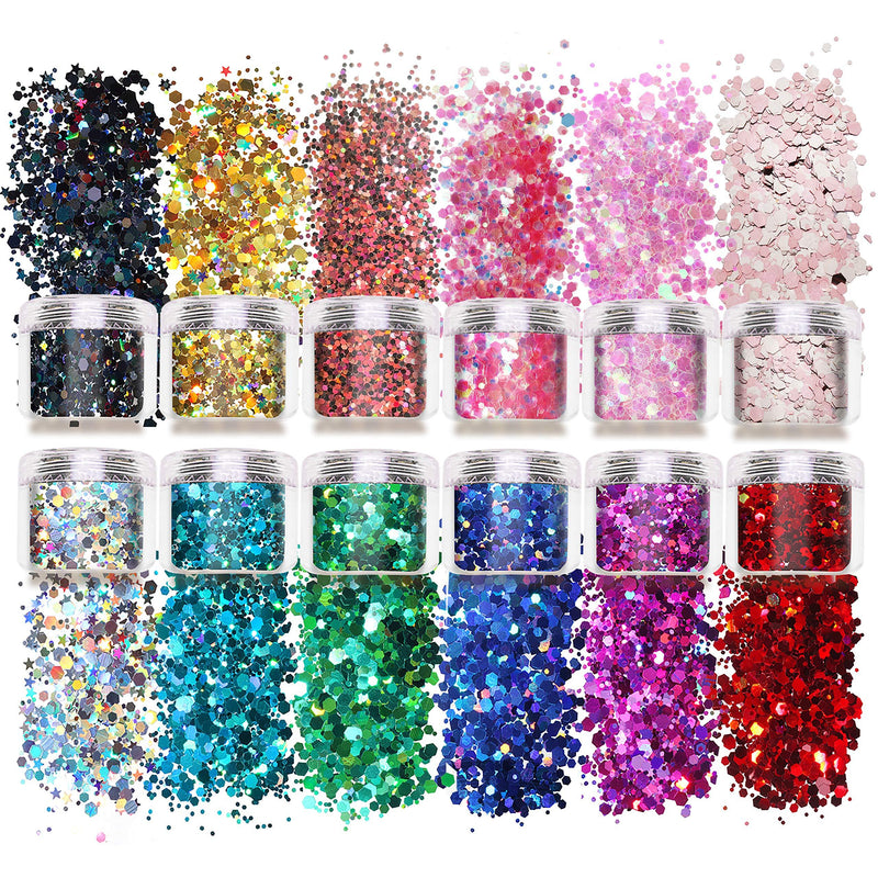 Laza 12 Color Glitter Body Art Acrylic Nails Powder Mixed Polish Chunky Sequins Iridescent Flakes Ultra-Thin Paillette Sparkles Set Tips 120g for Cosmetic Festival Arts Face Eyes Body Hair - Star - BeesActive Australia