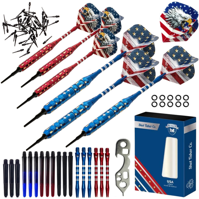 SHOT TAKER CO. EST. 2017 Soft Tip Darts Set - Professional Darts for Electronic Dartboard - Includes Brass Barrels + Plastic & Aluminum Shafts + Rubber O'Rings + Flights + 50PC 2BA Tips + Wrench 19g-USA-STC10421 - BeesActive Australia