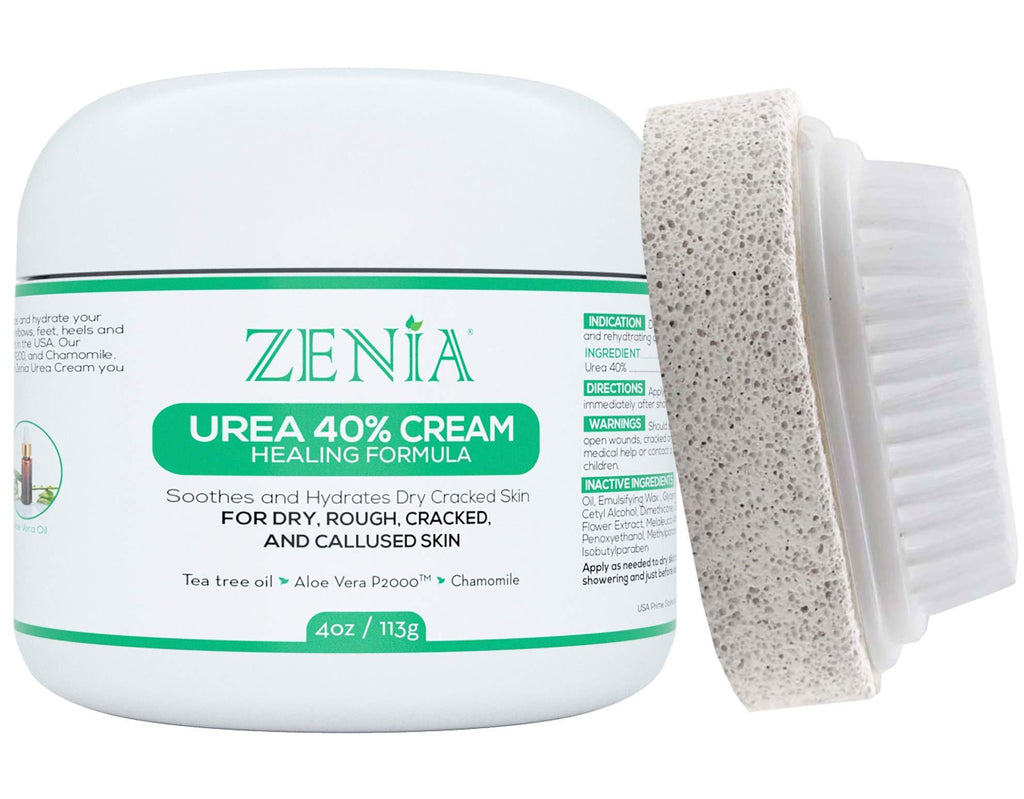 Zenia Urea 40% Foot Cream Healing Formula 4oz - #1 Callus Treatment - Hydrate and Moisturize Dry, Rough, Cracked & Callused Skin - For Feet, Elbows, Hands, Knees - Free Pumice Stone & Brush - BeesActive Australia