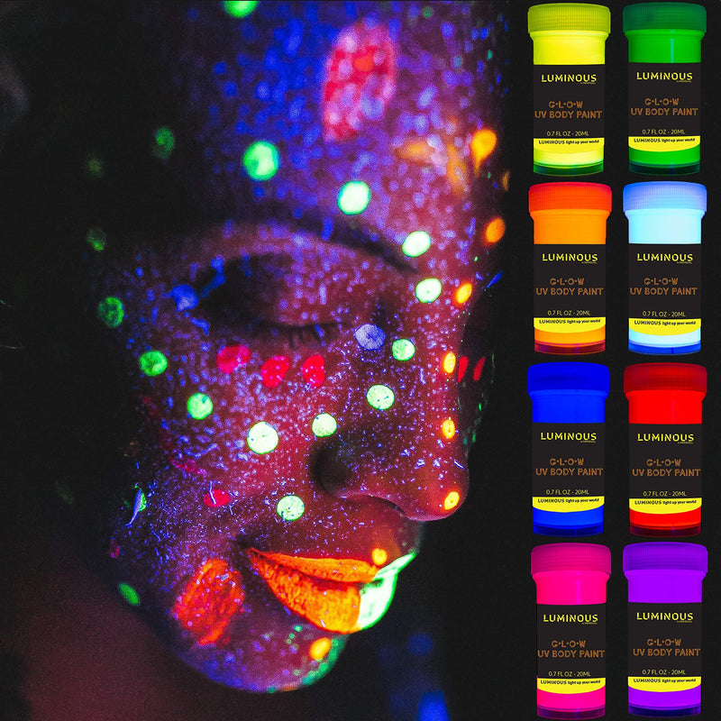 LUMINOUS UV Body Paint - Set of 8 x 20 ml / 0.7 fl oz  pots- Black Light Neon Make-Up - Bodypainting Neon Blacklight Bodypaint Face Paints - BeesActive Australia