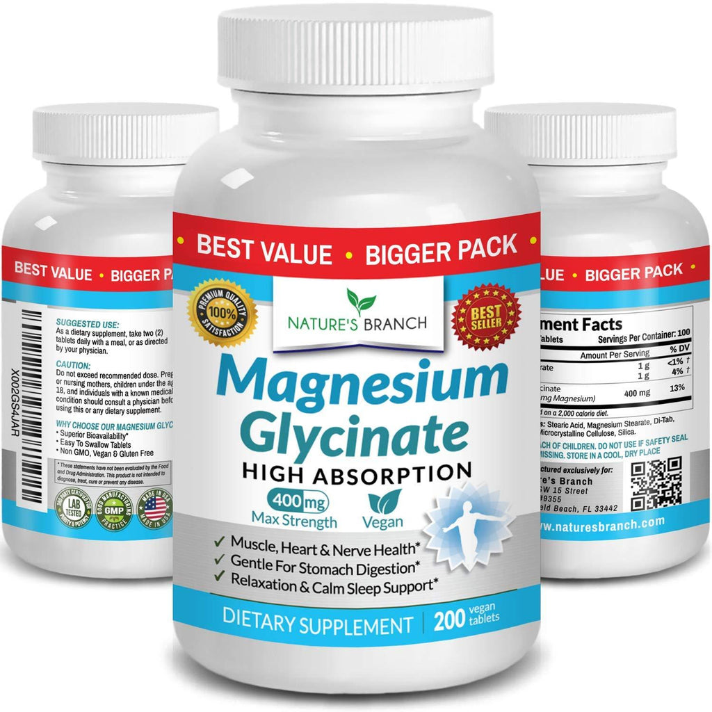 Magnesium Glycinate 400 mg - 200 Tablets - High Absorption, Non Buffered Bisglycinate Mag Supplement for Sleep, Leg Cramps, Heart, Ease Muscles, Calm Headaches for Women and Men, Non Powder Capsules - BeesActive Australia